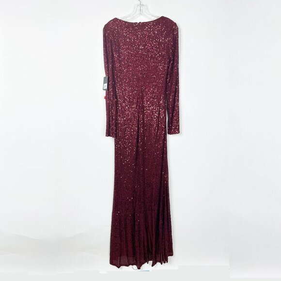 NWT Mac Duggal Sequined Faux Wrap Long Sleeve Column Gown Wine 4 - Picture 5 of 8